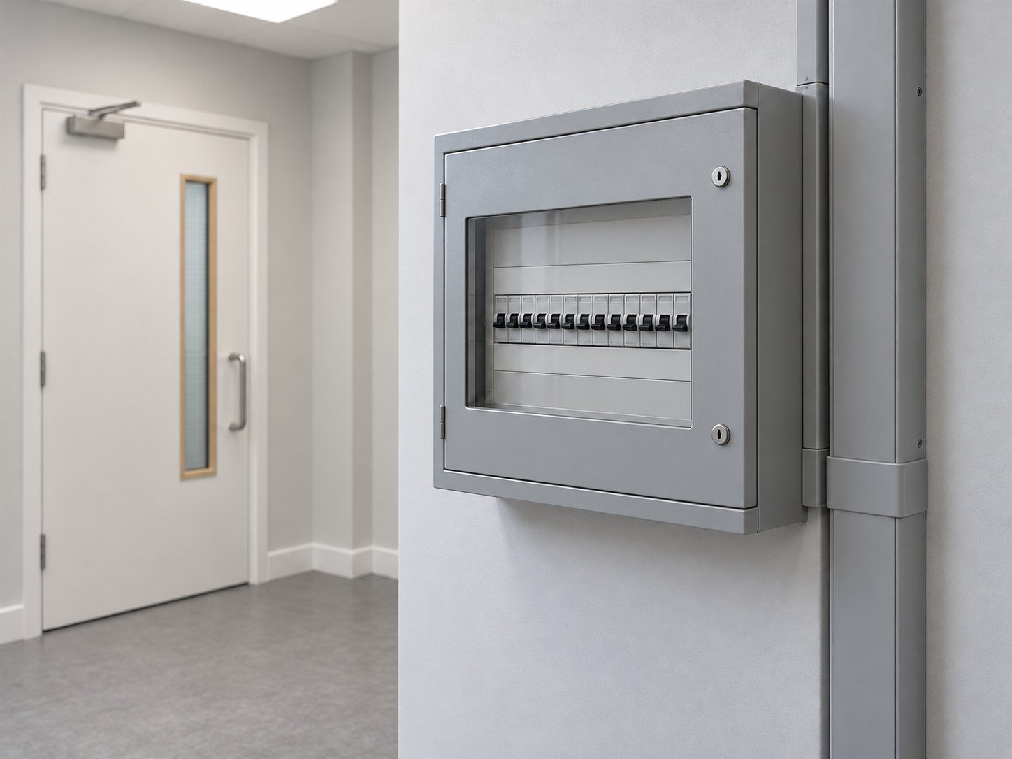 Electrical distribution board in a small UK commercial premises, part of the installation an EICR reports on