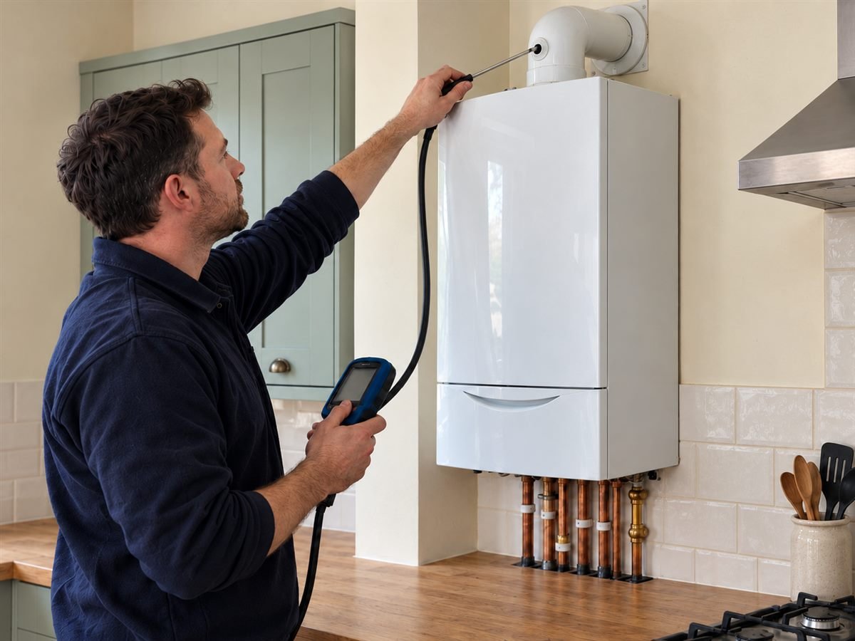 Gas Safe registered engineer inspecting gas appliances in a rental property