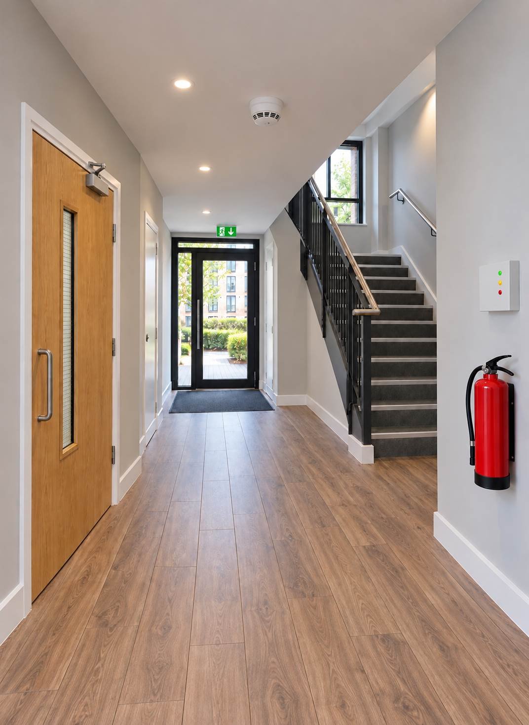Back corridor of a small UK office or shop with a fire exit door, a green running man exit sign and a fire extinguisher on the wall.