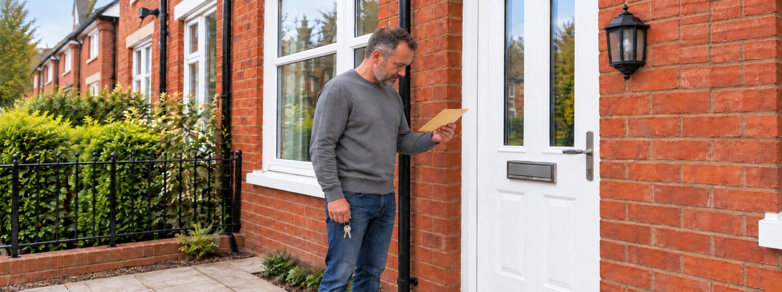 Man standing at his front door holding house keys and a plain envelope