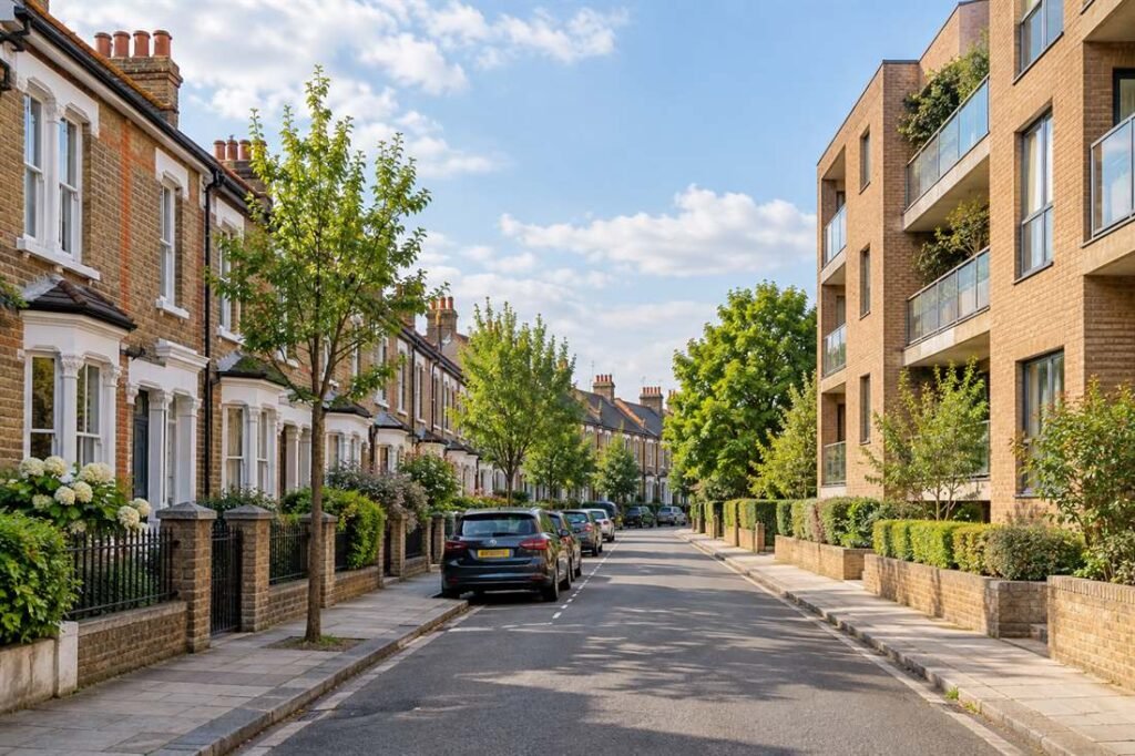 UK residential street with brick terraced houses and a modern apartment block